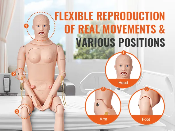VEVOR nursing training manikin showcasing flexible reproduction of real movements and various positions.