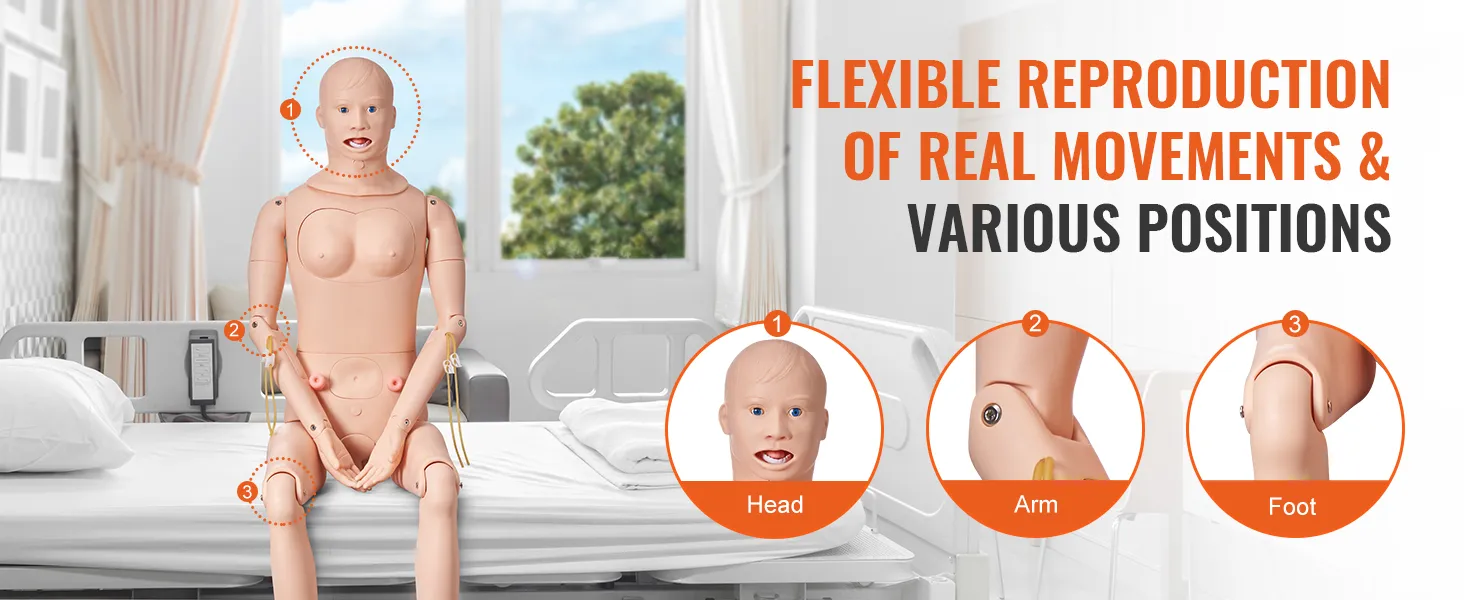 VEVOR nursing training manikin showcasing flexible reproduction of real movements and various positions.