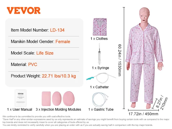 VEVOR nursing training manikin with syringe, catheter, gastric tube, clothes, and injection molding modules.