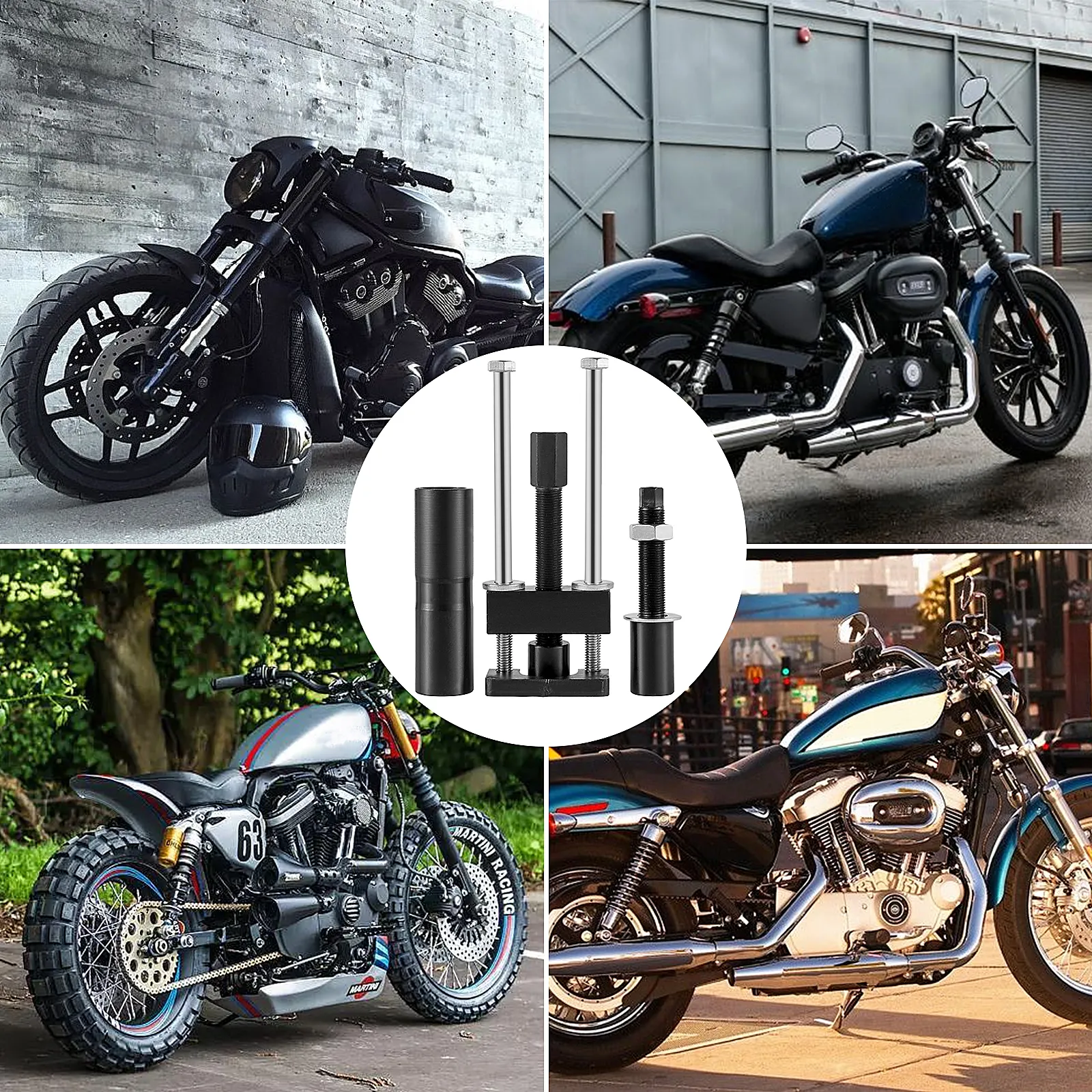 Cuatro motocicletas y una herramienta de carrera de cojinetes de eje principal VEVOR mostrada en el centro.