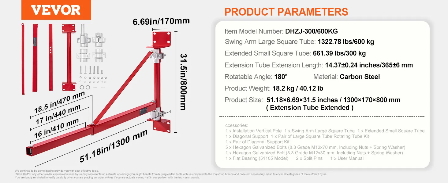 VEVOR electric hoist arm with adjustable extension, carbon steel build, and 600 kg load capacity.