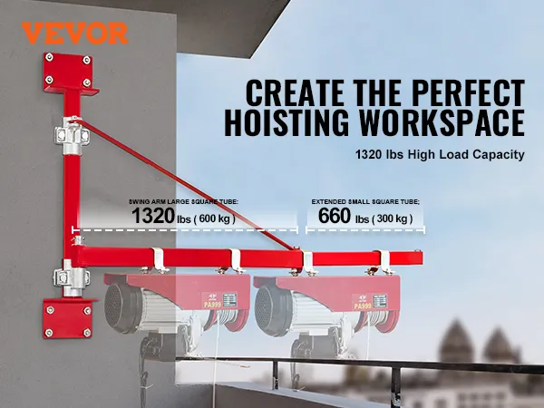 VEVOR electric hoist arm with 1320 lbs high load capacity and 3.8mm tube thickness for hoisting.