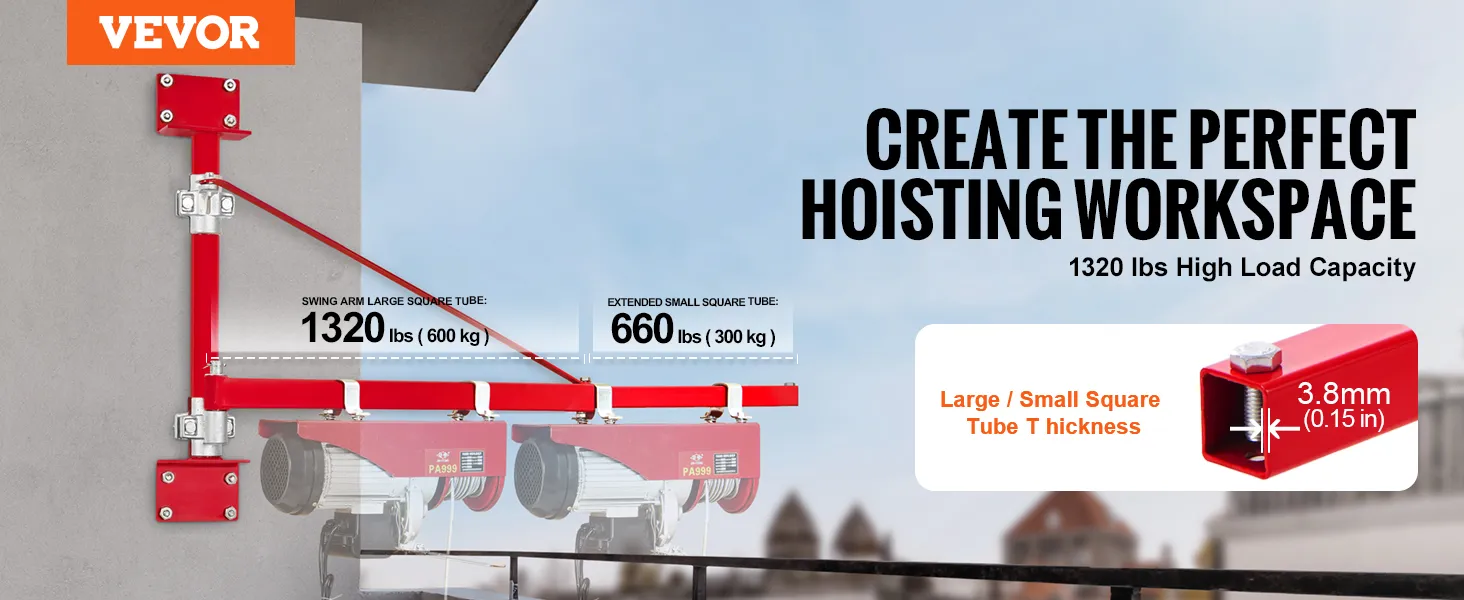 VEVOR electric hoist arm with 1320 lbs high load capacity and 3.8mm tube thickness for hoisting.