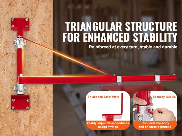 VEVOR electric hoist arm mounted on a wooden wall, showcasing triangular structure for enhanced stability.