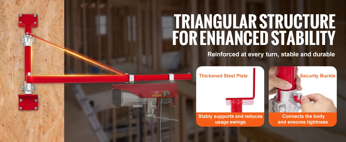 VEVOR electric hoist arm mounted on a wooden wall, showcasing triangular structure for enhanced stability.