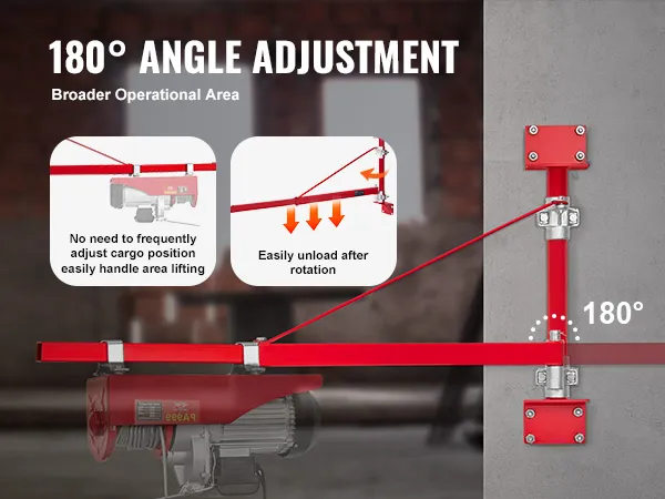 VEVOR electric hoist arm with 180° angle adjustment for broader operational area and easy unloading.