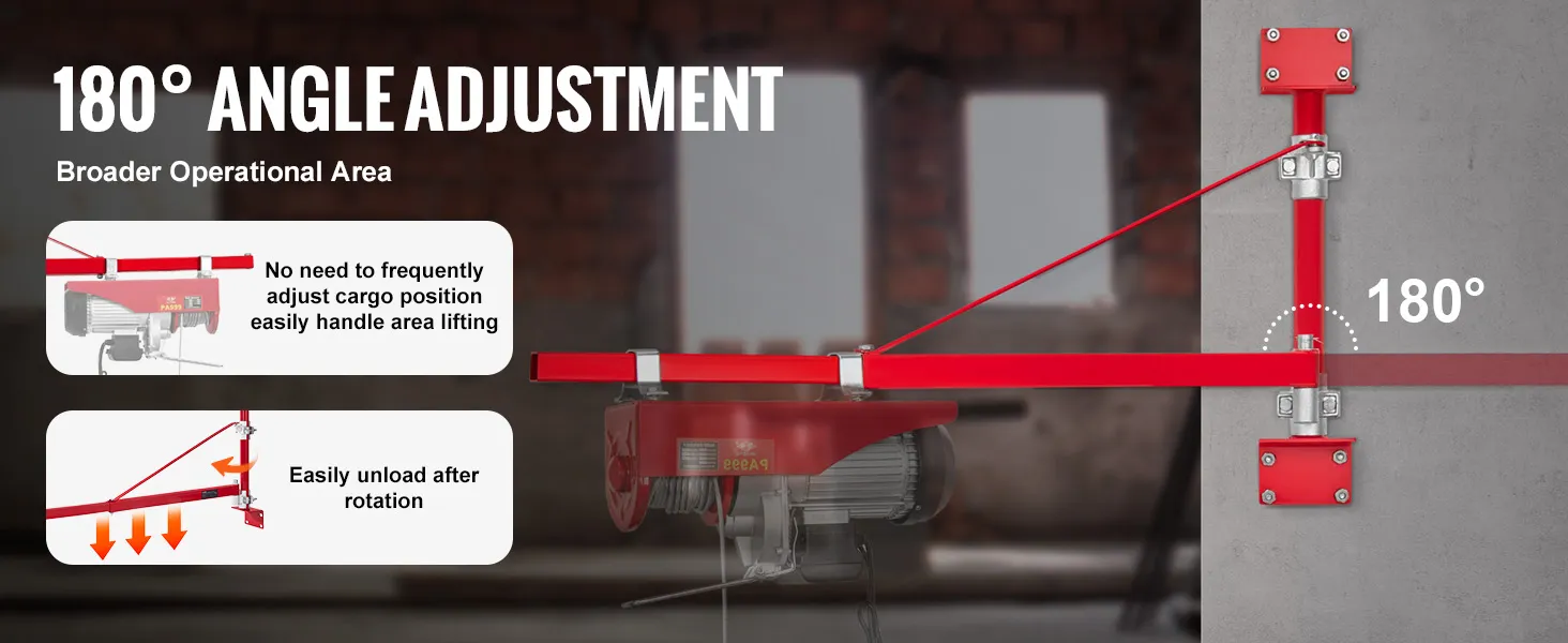 VEVOR electric hoist arm with 180° angle adjustment for broader operational area and easy unloading.