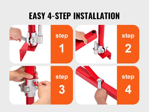 VEVOR electric hoist arm installation steps: securing base, attaching clamp, fastening bolt, tightening arm.