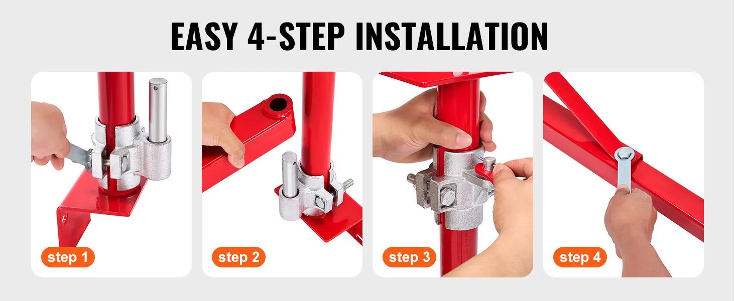 VEVOR electric hoist arm installation steps: securing base, attaching clamp, fastening bolt, tightening arm.