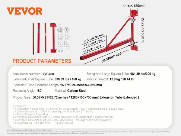 VEVOR electric hoist support arm details, dimensions, and specifications; robust carbon steel, 180° rotation.