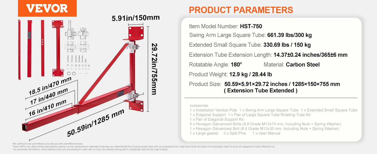 VEVOR electric hoist support arm details, dimensions, and specifications; robust carbon steel, 180° rotation.