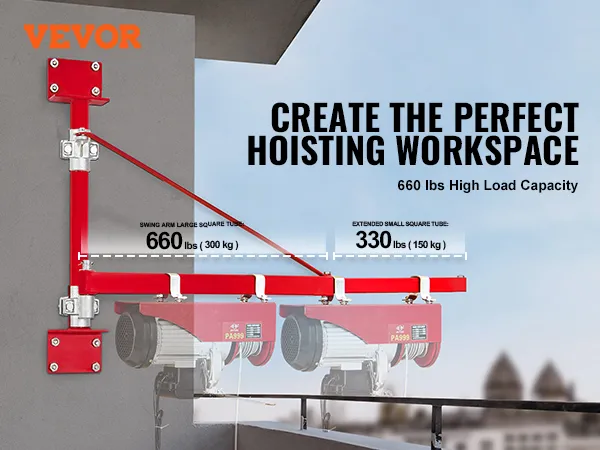 VEVOR electric hoist support arm with 660 lbs high load capacity and square tube thickness details.