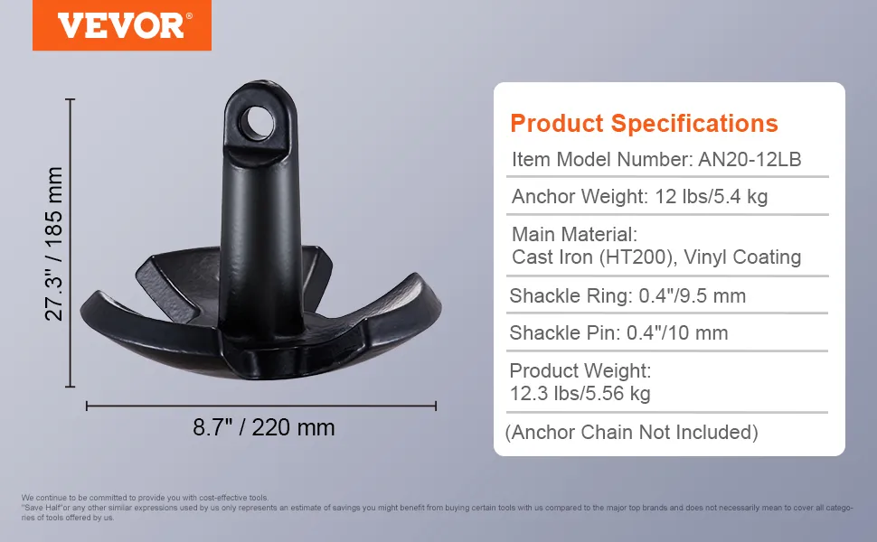 VEVOR river anchor specifications: 12 lbs, cast iron, vinyl-coated, 8.7" width, 27.3" height, model an20-12lb.