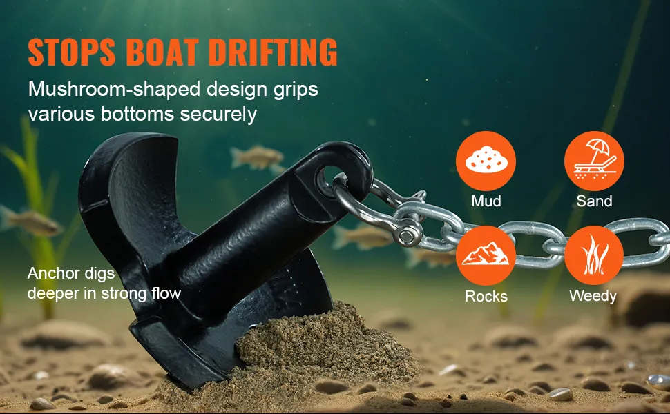 VEVOR river anchor with mushroom-shaped design firmly grips mud, sand, rocks, and weedy bottoms.