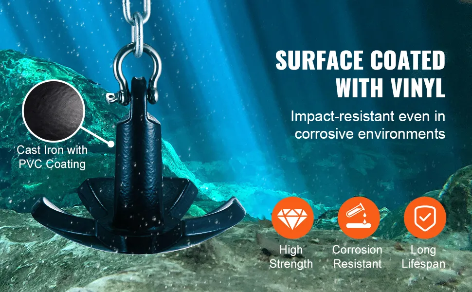 VEVOR river anchor underwater with cast iron, pvc coating, and vinyl surface, highlighting durability.