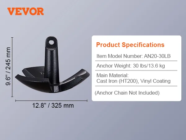 VEVOR river anchor, model an20-30lb, 30 lbs cast iron with vinyl coating, 9.6"x12.8" dimensions.
