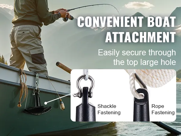 convenient boat attachment with VEVOR river anchor, showcasing shackle and rope fastening options.