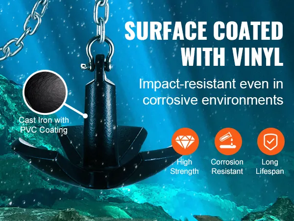 VEVOR river anchor with cast iron, pvc coating, high strength, corrosion-resistant, long lifespan.