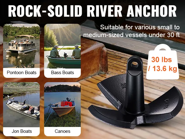VEVOR river anchor for vessels under 30 ft, ideal for pontoon boats, bass boats, jon boats, and canoes.