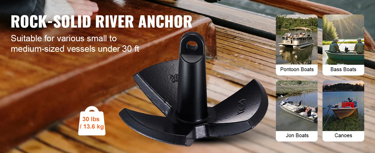VEVOR river anchor for vessels under 30 ft, ideal for pontoon boats, bass boats, jon boats, and canoes.