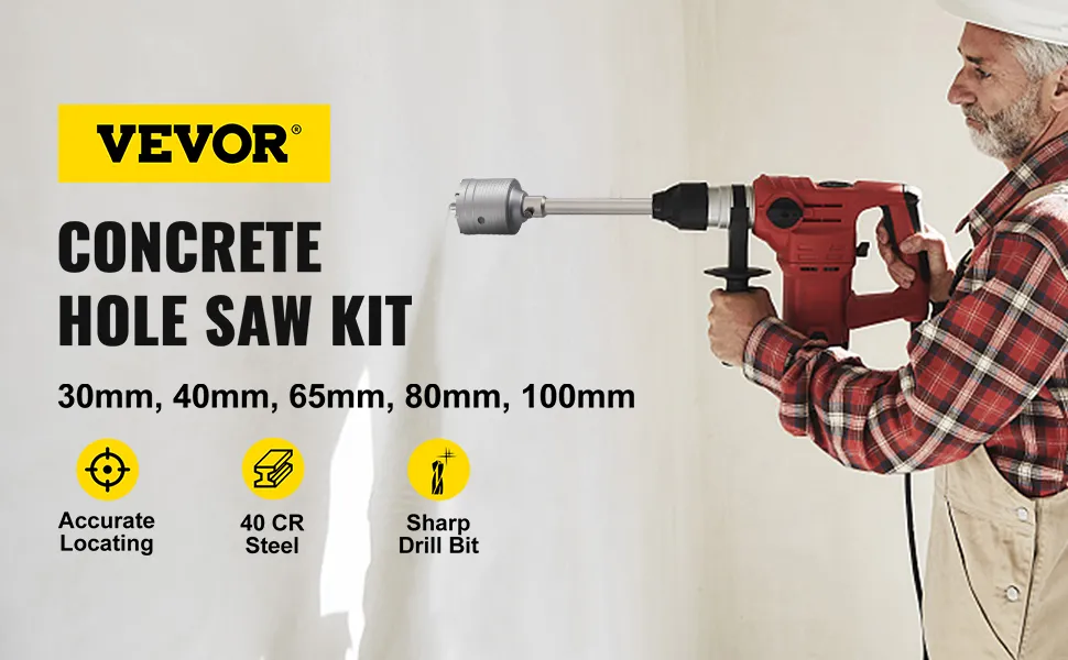 VEVOR concrete hole saw kit 30-100mm, accurate locating, 40 cr steel, sharp drill bit.