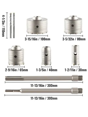 VEVOR concrete hole saw kit with various sizes and extensions displayed.