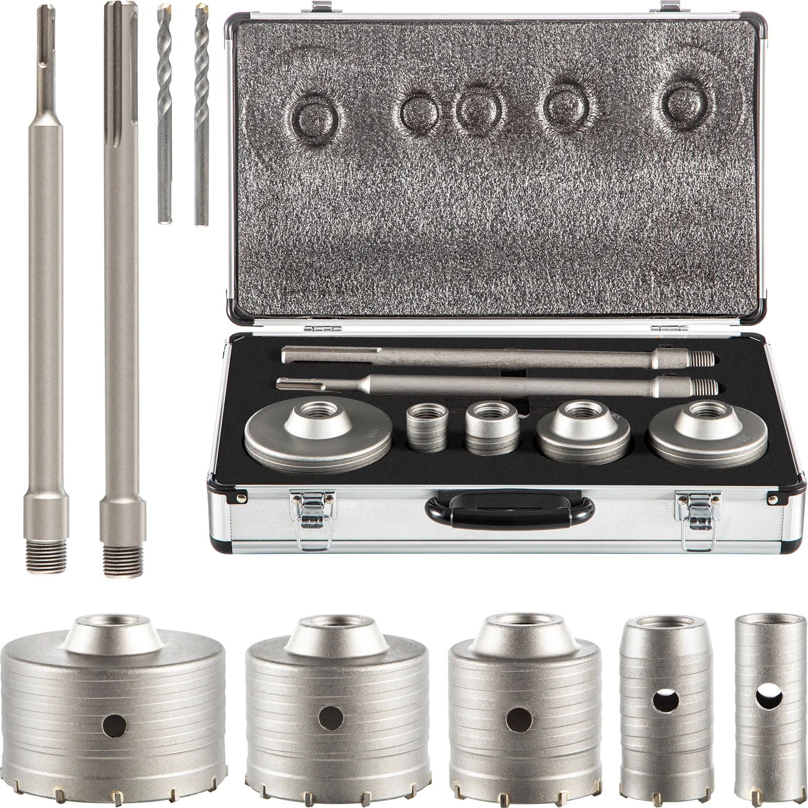 VEVOR concrete hole saw kit with case, drill bits, and various saw attachments.