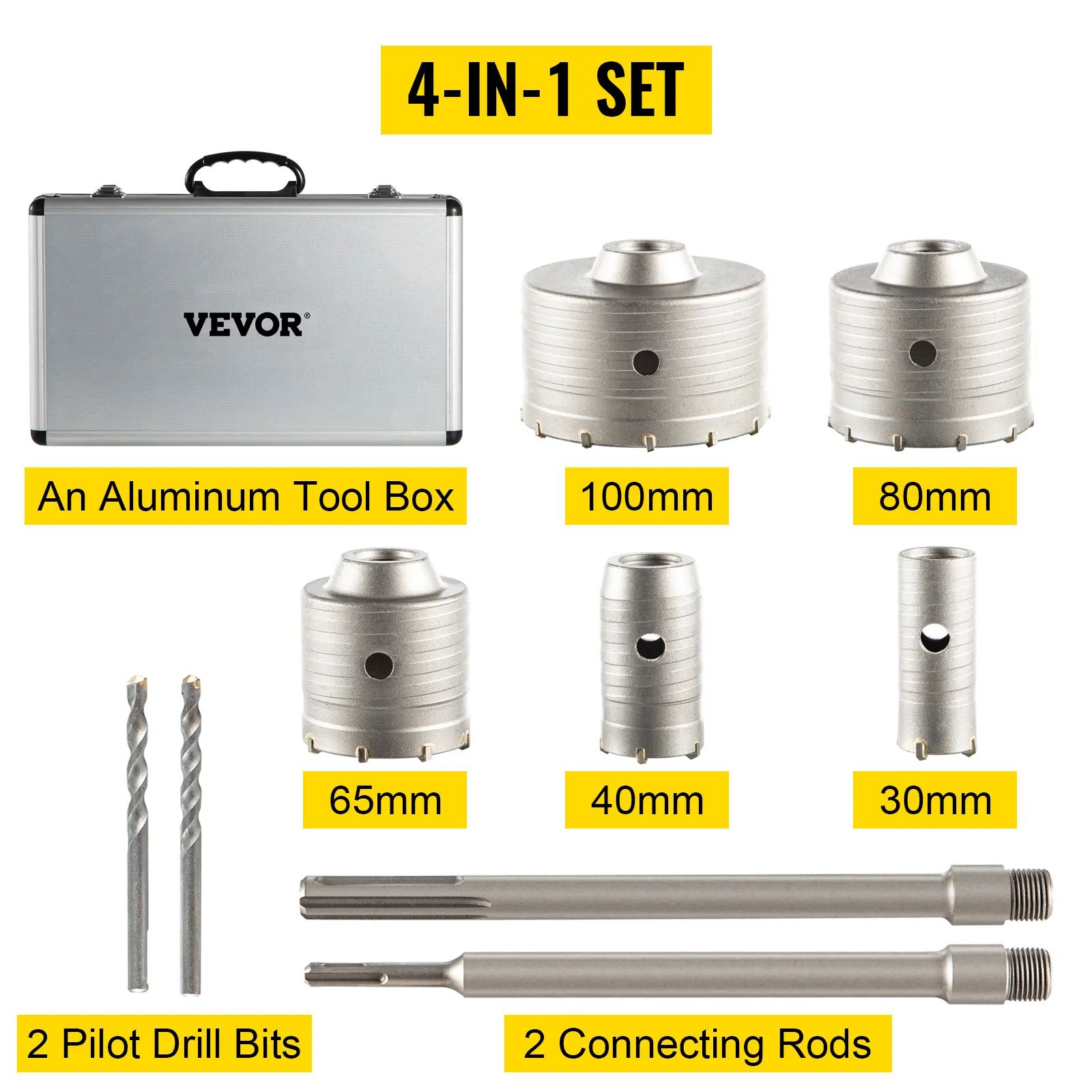 VEVOR concrete hole saw kit with 6 drill sizes, 2 rods, 2 bits, and tool box.