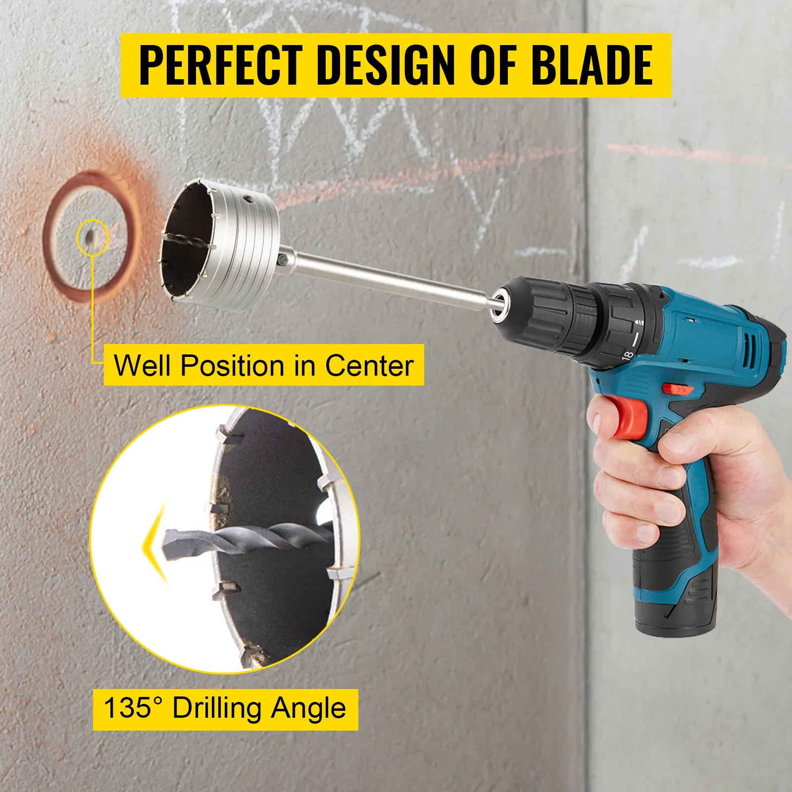 VEVOR concrete hole saw kit with precise center positioning and 135° drilling angle.