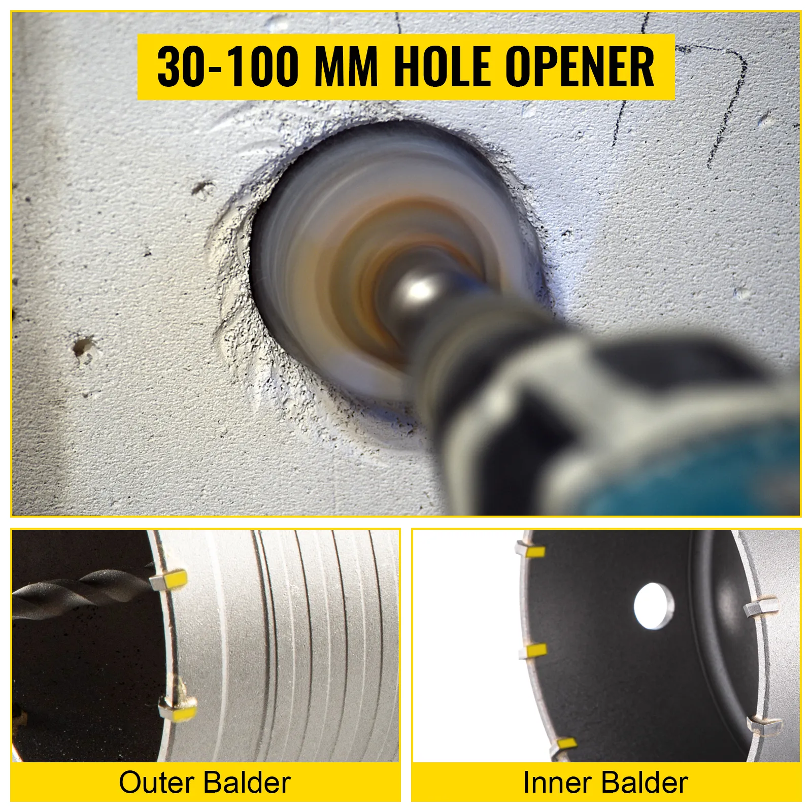 VEVOR concrete hole saw kit drilling into a wall, showing outer and inner balder close-ups.