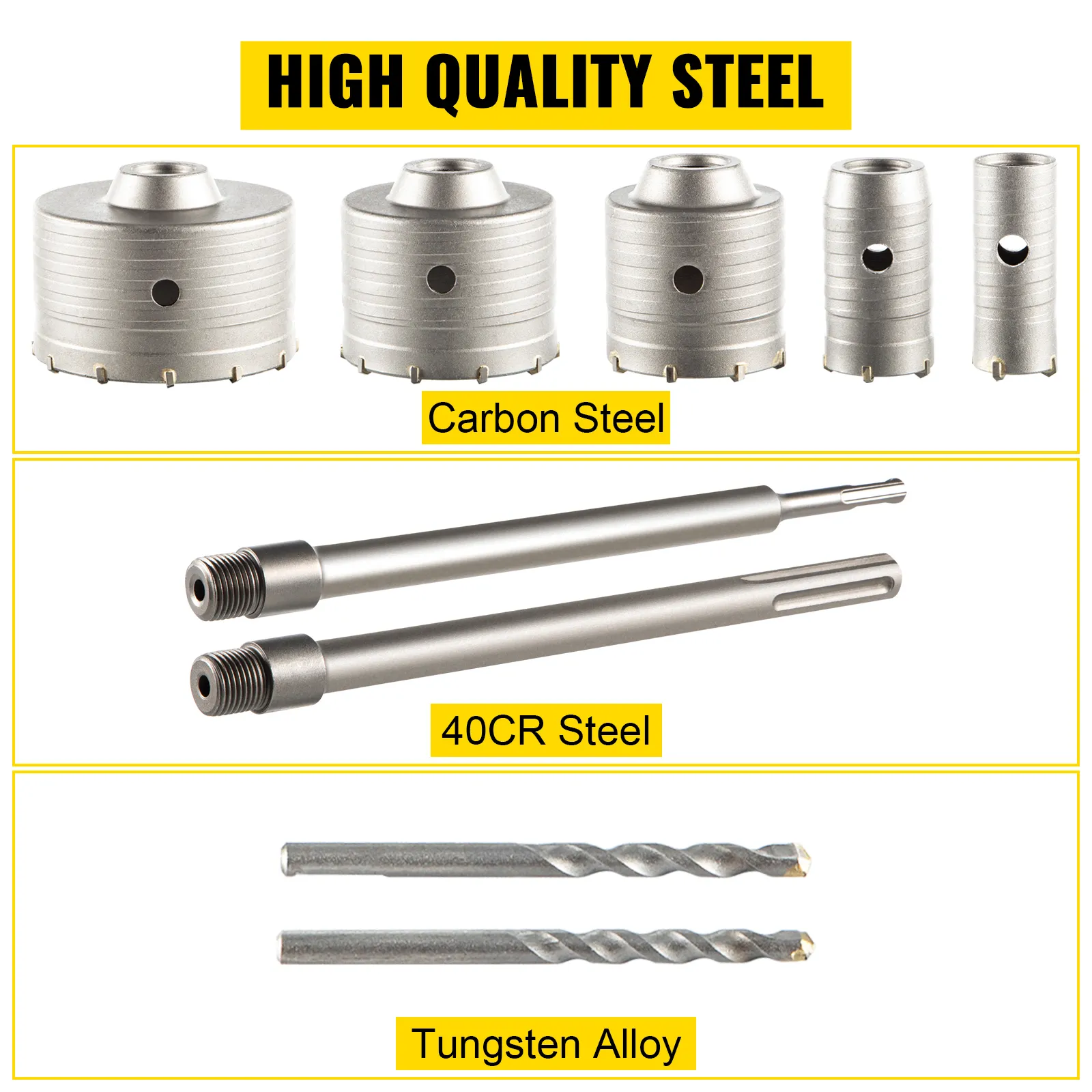 VEVOR concrete hole saw kit with high-quality steel components and drill bits.
