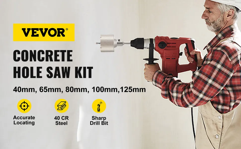 VEVOR concrete hole saw kit with drill and various sizes for accurate locating and sharp bits.