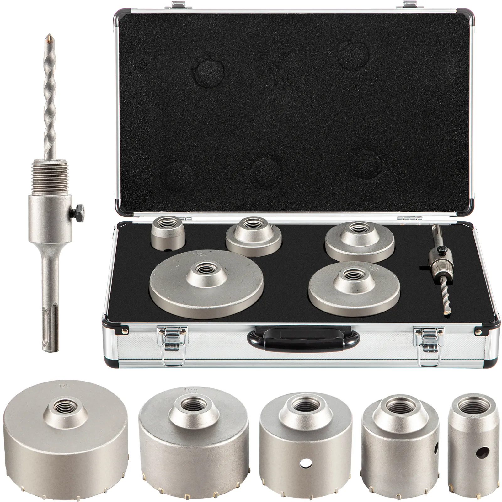 VEVOR concrete hole saw kit in a carrying case with various drill bit sizes.