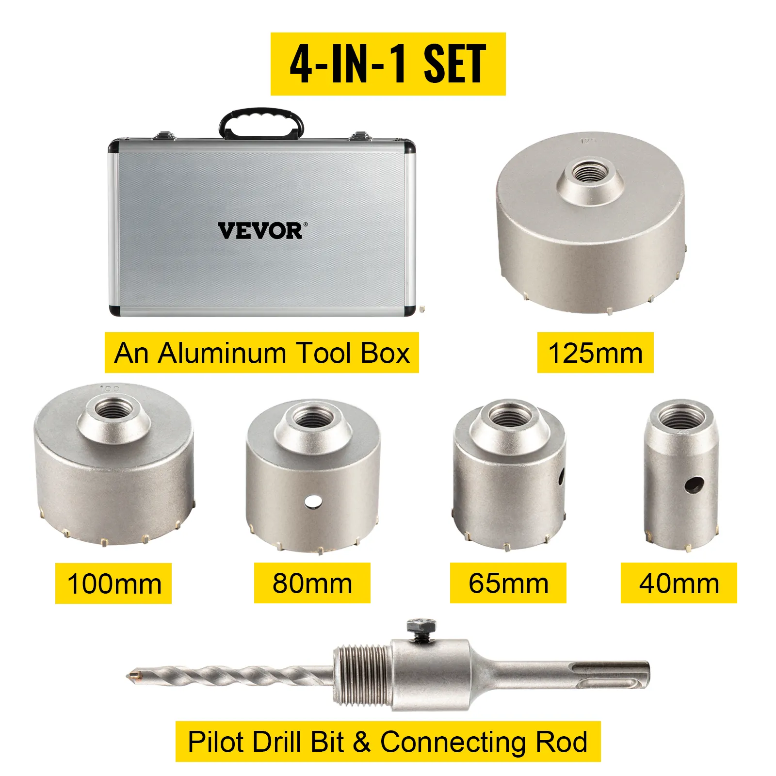 VEVOR concrete hole saw kit with 6 saw blades, pilot drill bit, and aluminum tool box.