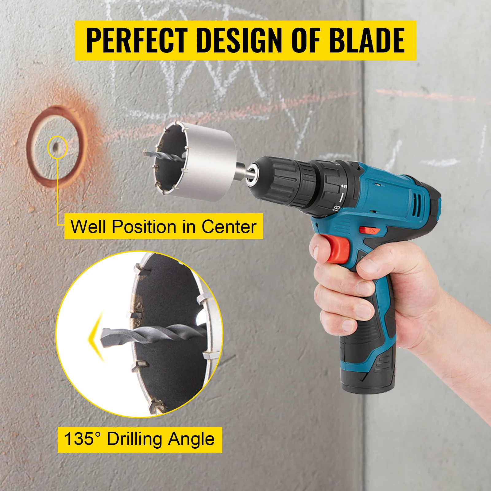 hand holding a drill with VEVOR concrete hole saw kit, highlighting design features.