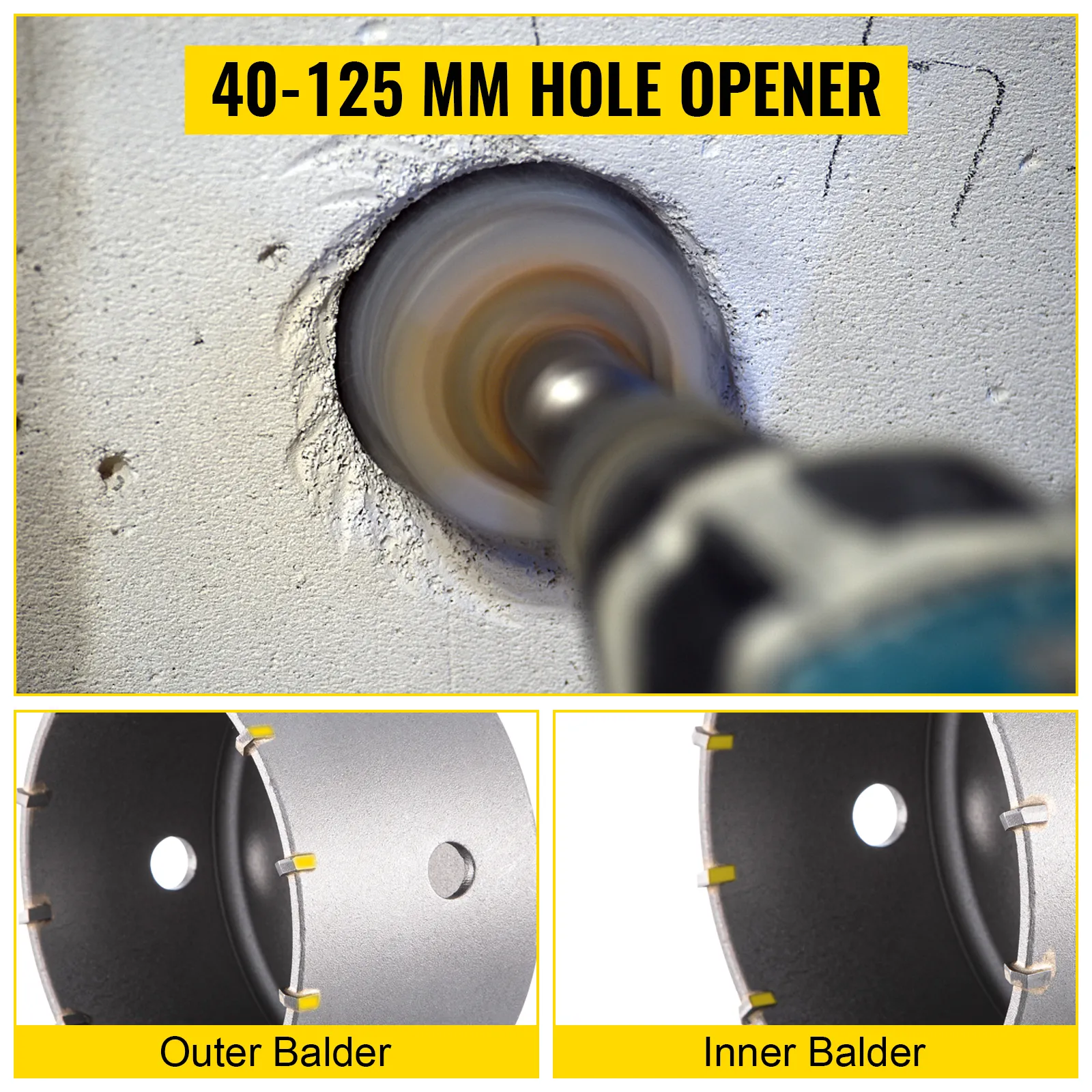 drilling concrete with VEVOR concrete hole saw kit, showing outer and inner balder attachments.