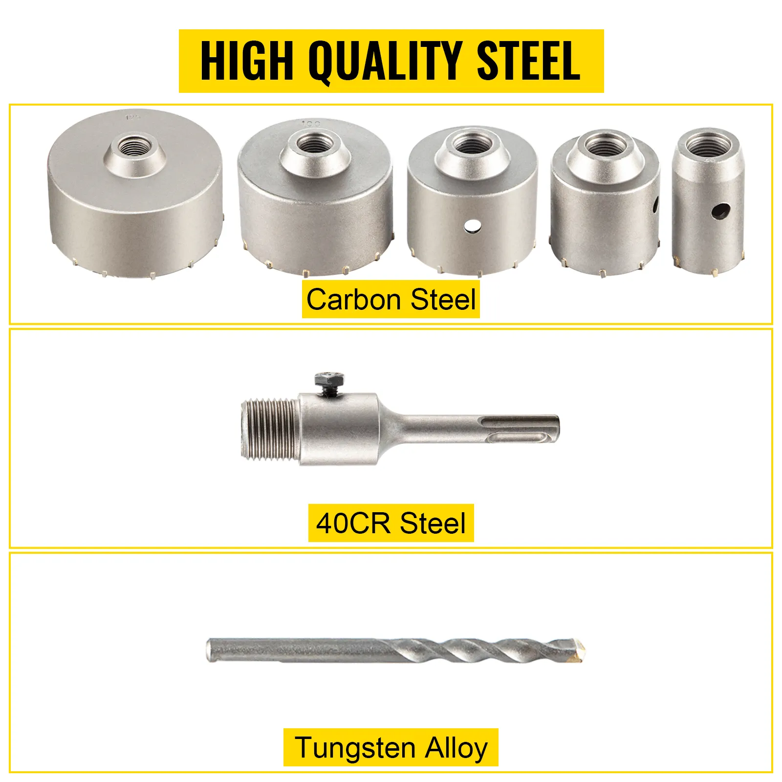 VEVOR concrete hole saw kit with carbon steel, 40cr steel, and tungsten alloy components.