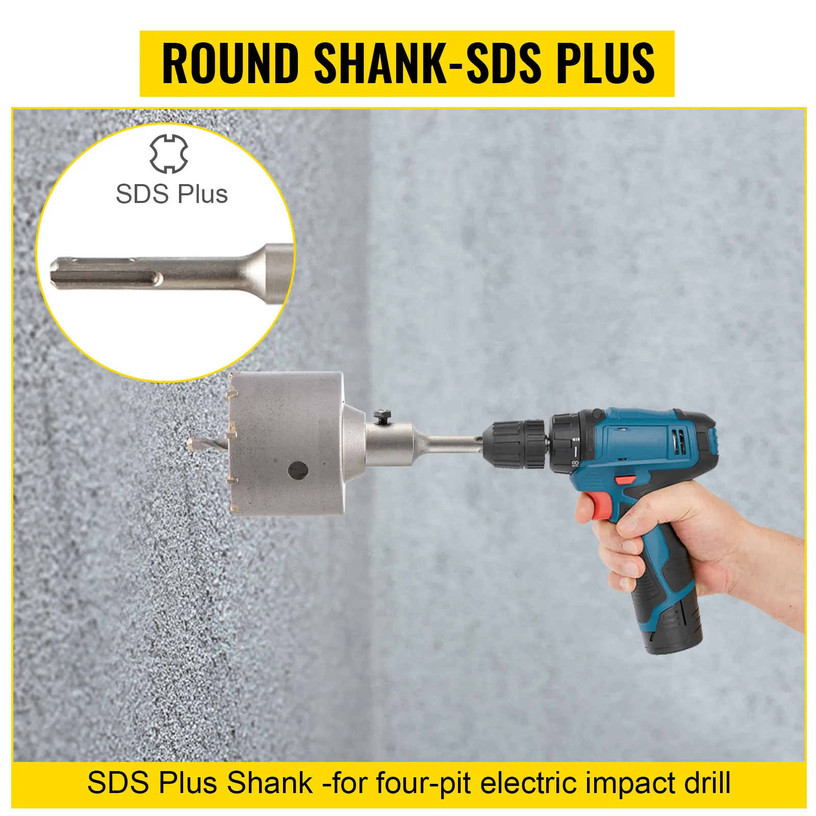 hand holding a drill with a VEVOR concrete hole saw kit featuring sds plus shank.