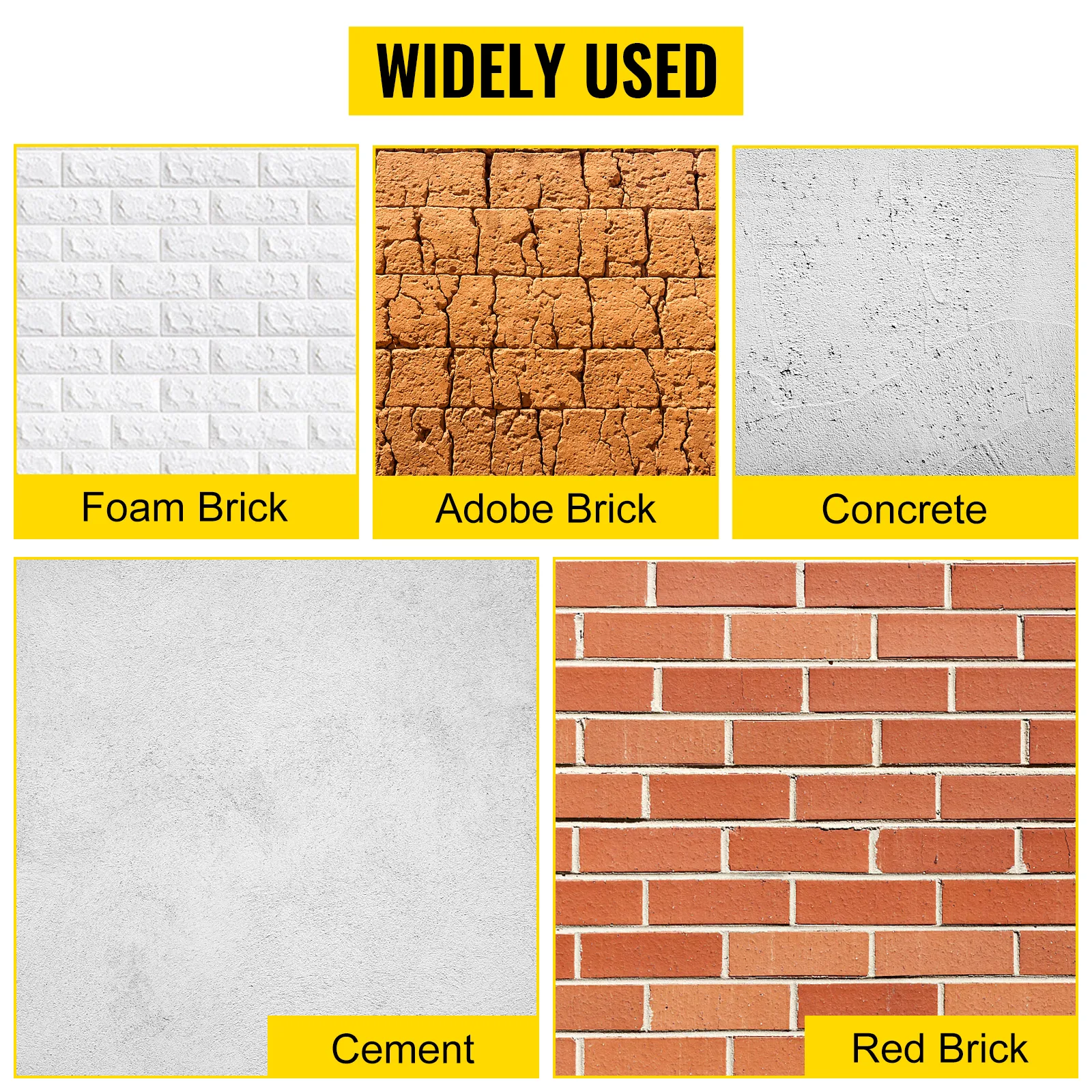 wide usage of VEVOR concrete hole saw kit on foam brick, adobe brick, concrete, cement, and red brick.