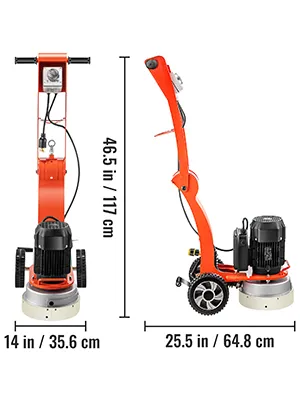 Amoladora eléctrica para suelos de hormigón VEVOR, 46,5 pulgadas de alto, 14 pulgadas y 25,5 pulgadas de ancho.