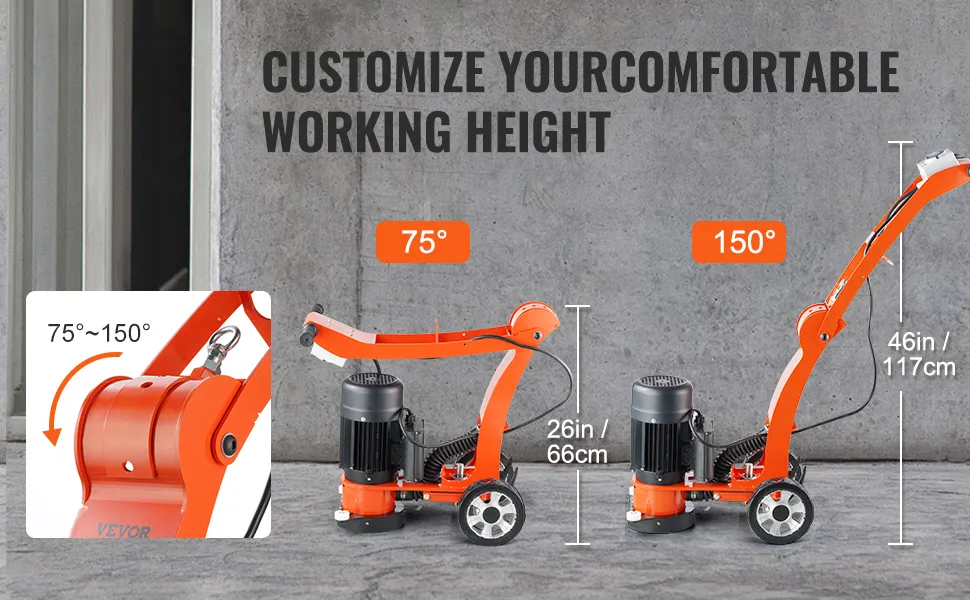 VEVOR electric concrete floor grinder with adjustable handle displaying 75° to 150° angle range.