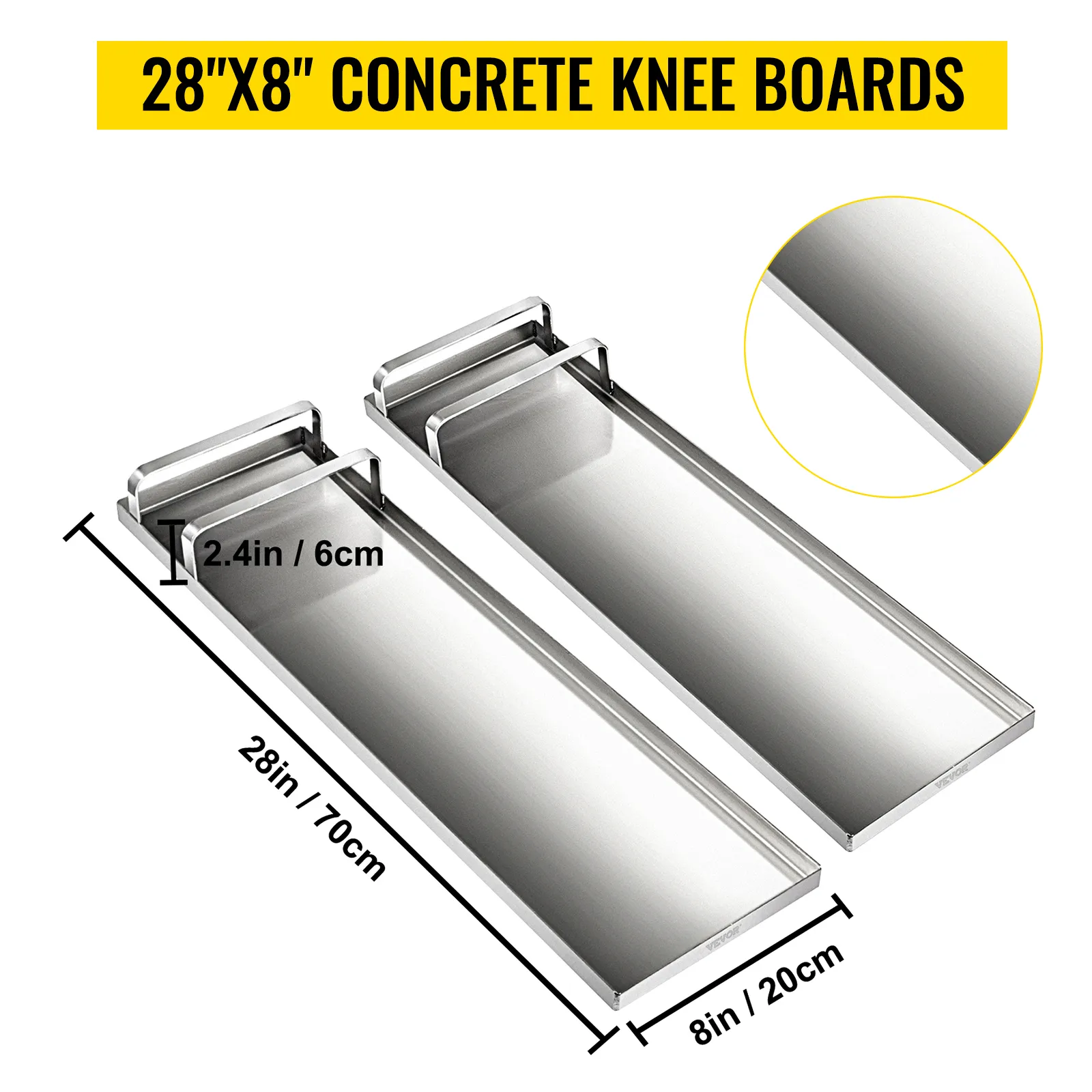 Tablas de rodillas de hormigón VEVOR, 28" x 8", acero inoxidable, con asa y detalles de tamaño.