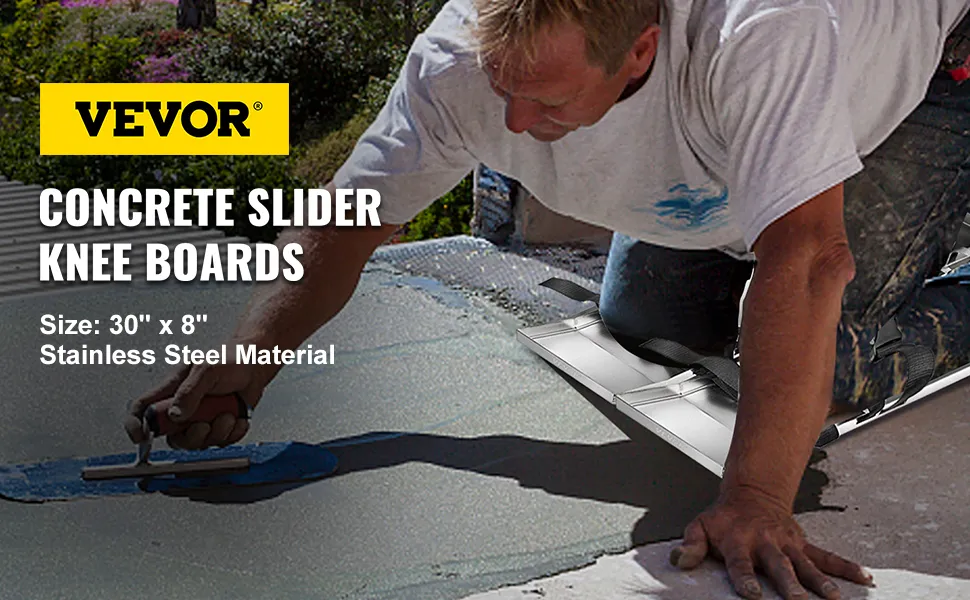 worker using VEVOR concrete knee boards on wet cement, wearing knee pads, outdoors.