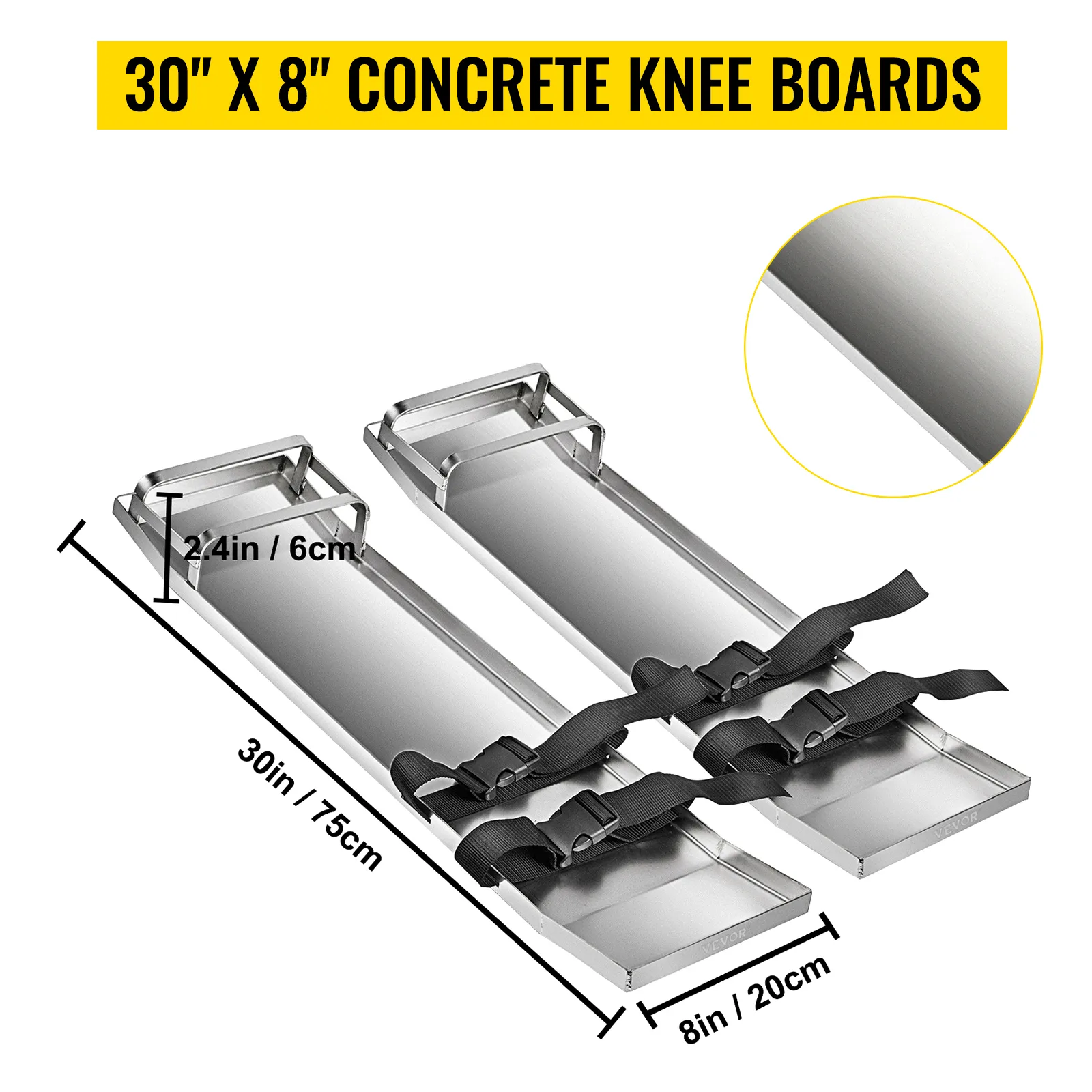 VEVOR concrete knee boards with adjustable straps, 30" x 8", stainless steel.