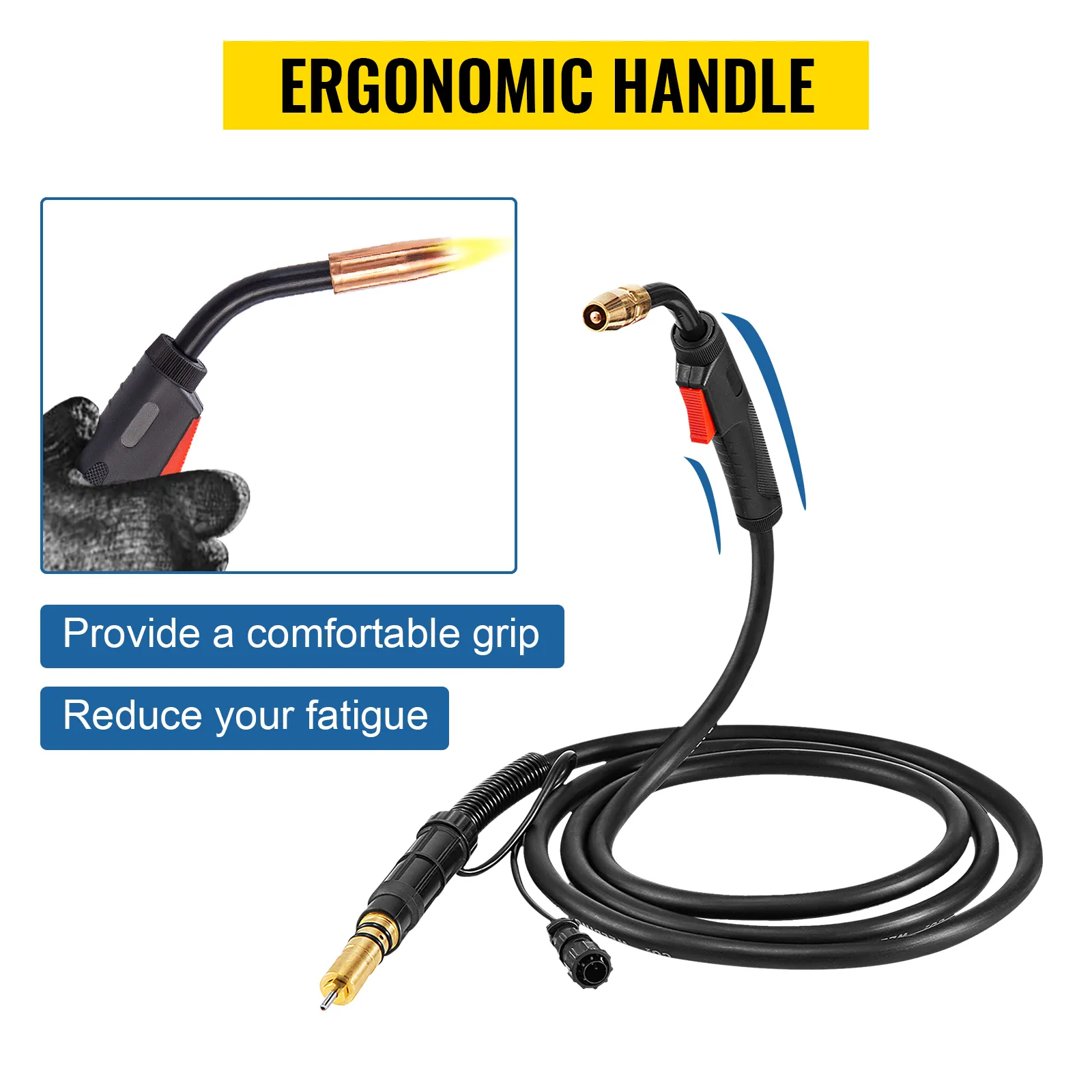 VEVOR miller mig welding torch with ergonomic handle for comfortable grip and fatigue reduction.