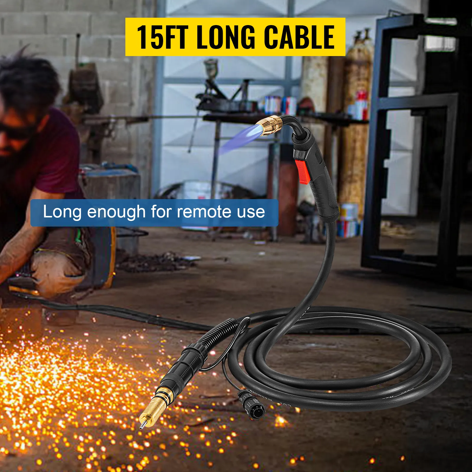 VEVOR miller mig welding torch with 15ft long cable for remote use, sparks flying
