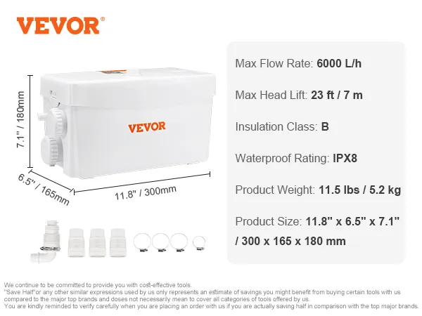 VEVOR macerator pump dimensions, fittings, 6000 l/h flow rate, 23 ft head lift, ipx8 rated.