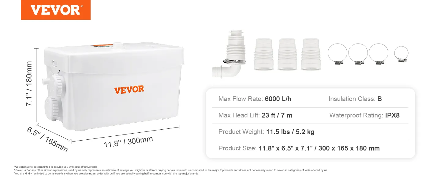 VEVOR macerator pump dimensions, fittings, 6000 l/h flow rate, 23 ft head lift, ipx8 rated.