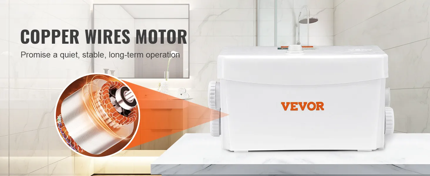 VEVOR macerator pump with copper wires motor for quiet, stable, and long-term operation in modern bathroom.