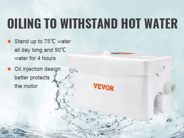 VEVOR macerator pump withstands hot water up to 75°c all day, oil injection protects motor.